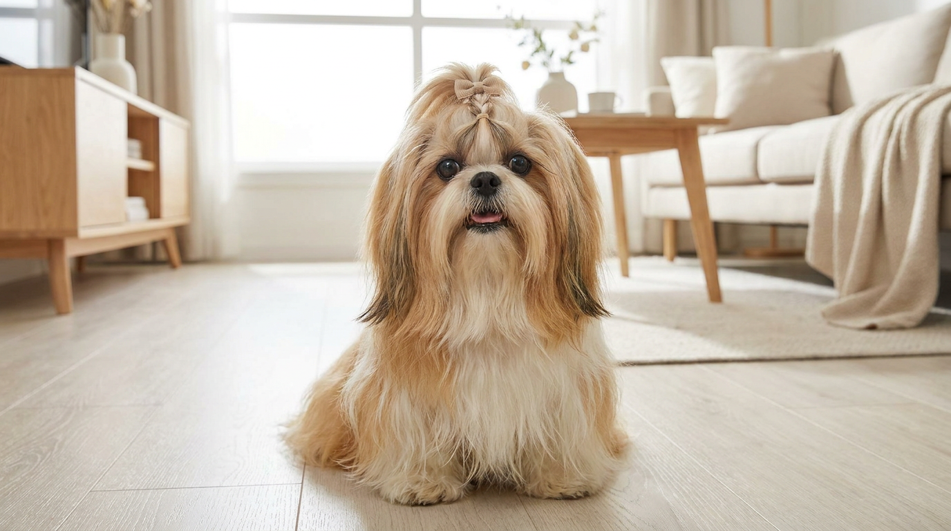 En välskött, glad Shih Tzu med lång päls som ser nöjd ut.